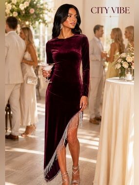 NWT City Vibe, City Vibe Burgundy Velvet Fringe Hem Cocktail Gala Dress Size S